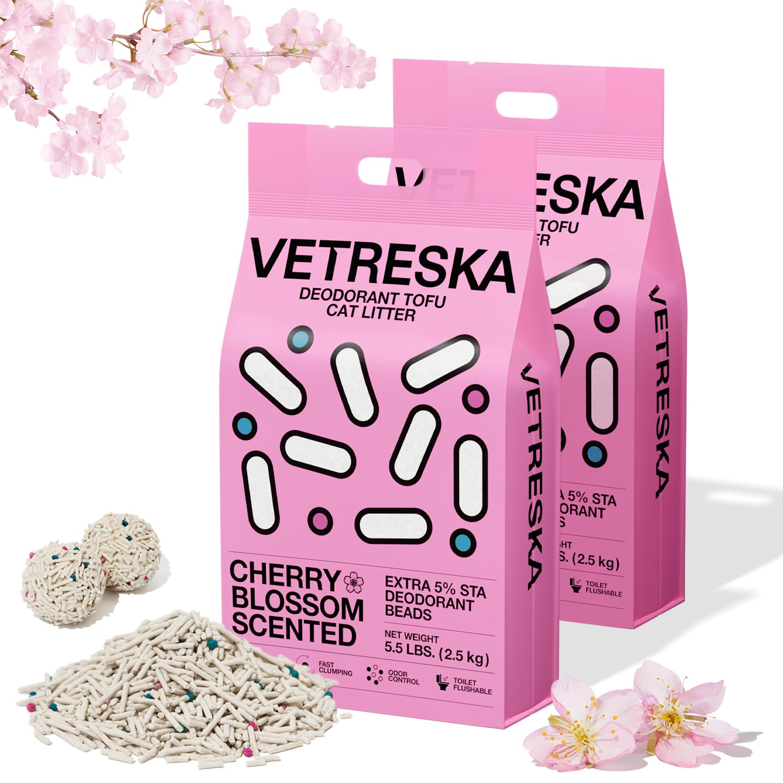 【送料無料】VETRESKA おから猫砂 固まる トイレ流せる 脱臭 抗菌 超吸収性 0.3秒凝固 天然素材 低粉塵 猫足に優しい 真空パッ 色：桜の香り、サイズ：2.5kg×2袋