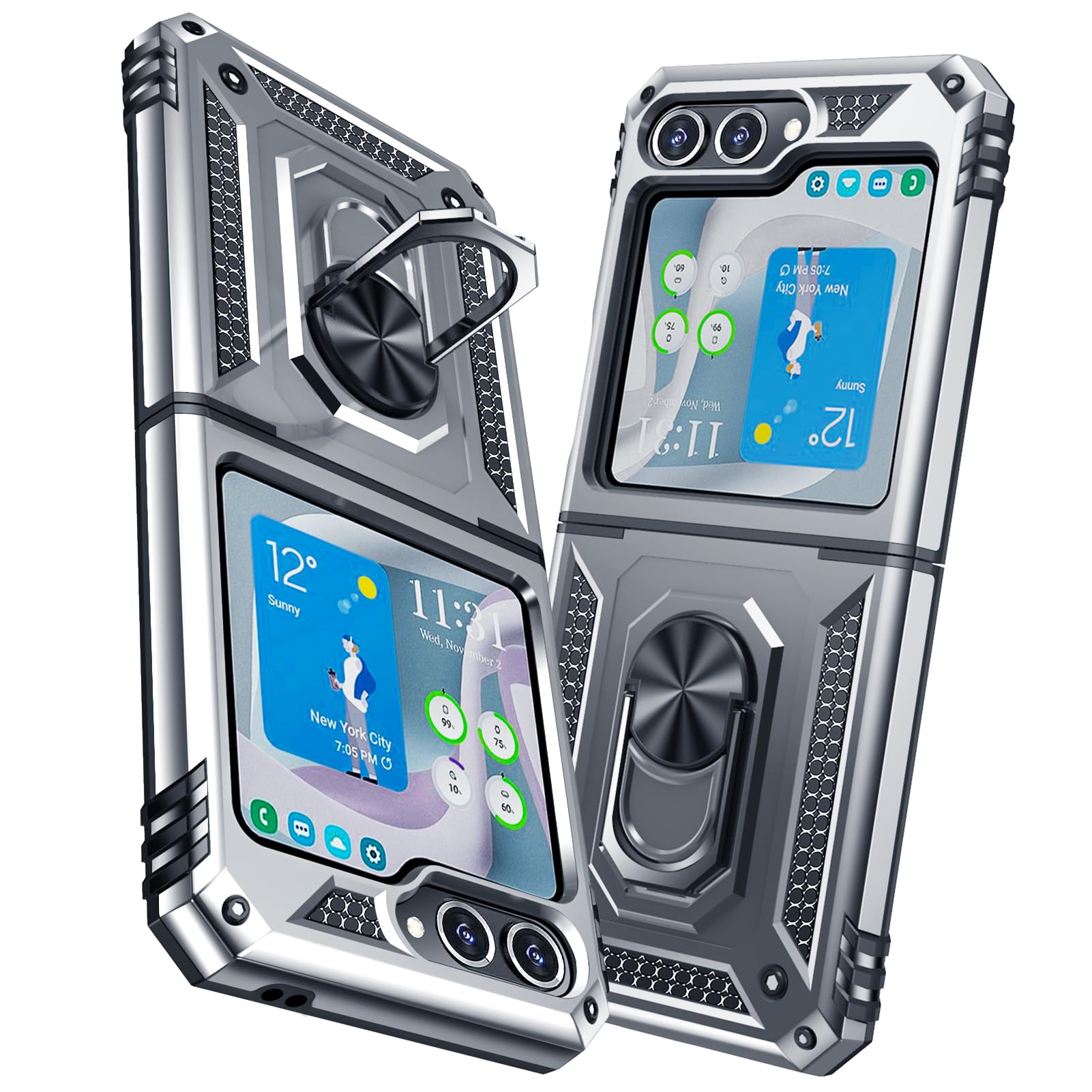 【送料無料】TMUJWS Galaxy Z Flip6 5G ケース リング 耐衝撃 衝撃吸収 傷防止 全面保護 カメラ保護 スタンド付き TPU+PCバンパー 指紋防止対策 二重構造 360度回転 防塵 車載ホルダー対応 黄変防止 米軍MIL規格 軽量 薄型 耐傷性 色：シルバー、サイズ：Galaxy Z Flip 6