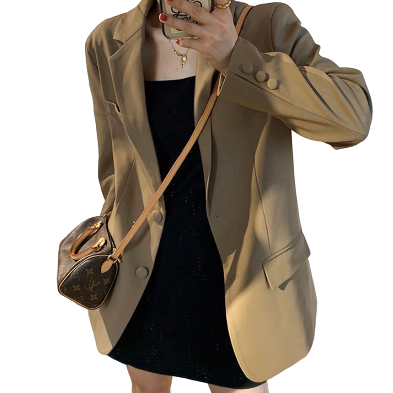 【送料無料】[HuuMeNEIDOO] スーツ ジャケット レディース 長袖 テーラードジャケット コート ブレザー Vネック アウター ゆったり 大きいサイズ トップス 無地 カジュアル オフィス 春 秋 冬 色：キャメル、サイズ：L