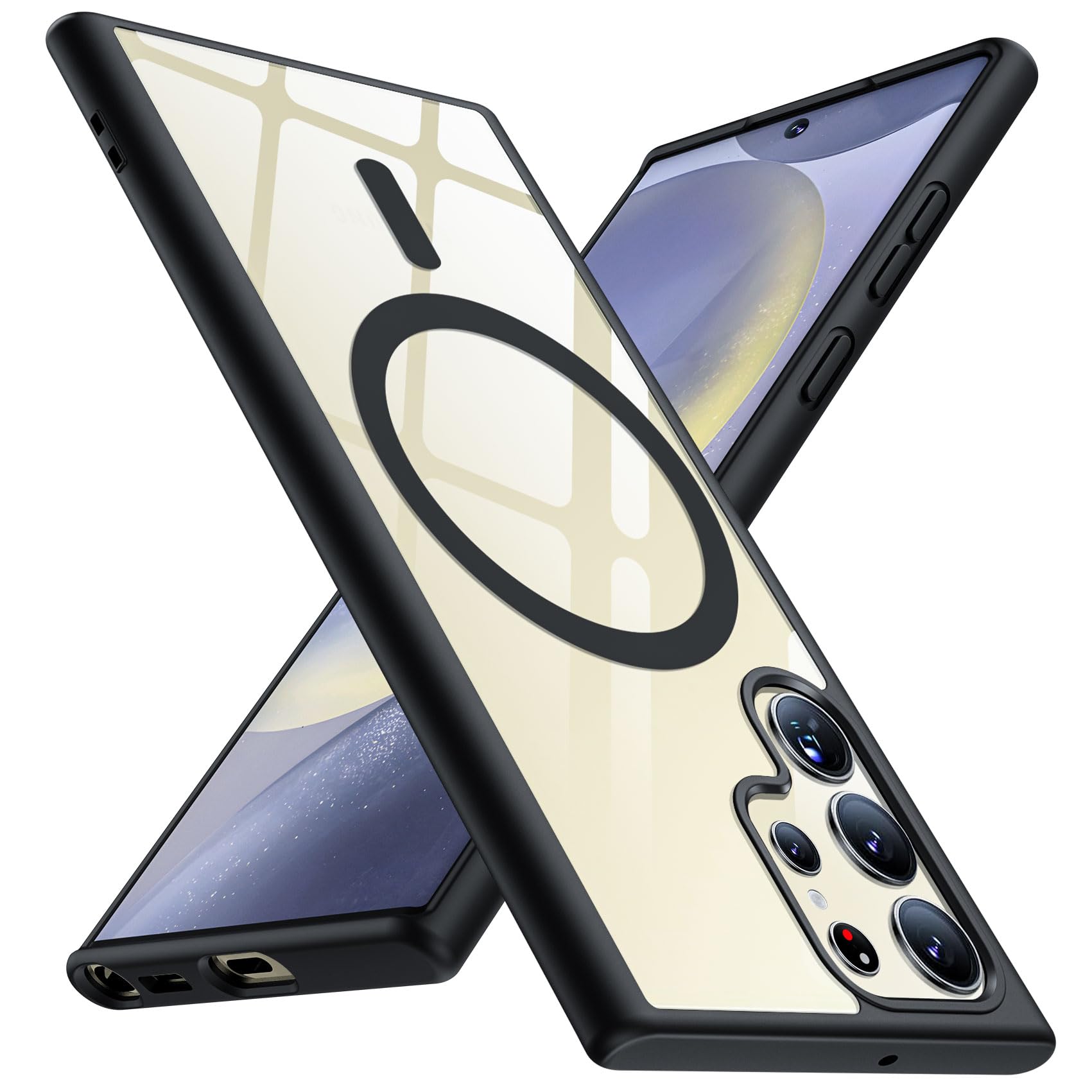 【送料無料】TMUJWS Galaxy S23 Ultra 用ケース Magnetic対応 クリア 耐衝撃 衝撃吸収 マグネット搭載 米軍MIL規格 全面保護カバー ギャラクシー s23 ウルトラ用ケース 透明 6.8インチ マット ストラップホール付き 黄変 色：クリア/ブラック、サイズ：Galaxy S23 Ultra