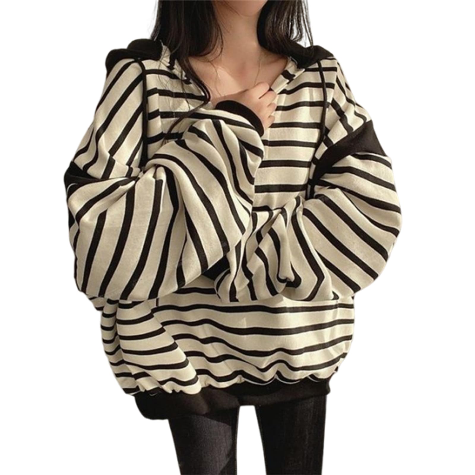 【送料無料】[HuuMeNEIDOO] パーカー レディース 長袖 トレーナー ボーダー アウター Vネック トップス フード付き プルオーバー ゆったり 体型カバー 韓国 おしゃれ 通勤 普段着 春 秋 冬 色：ブラック、サイズ：M