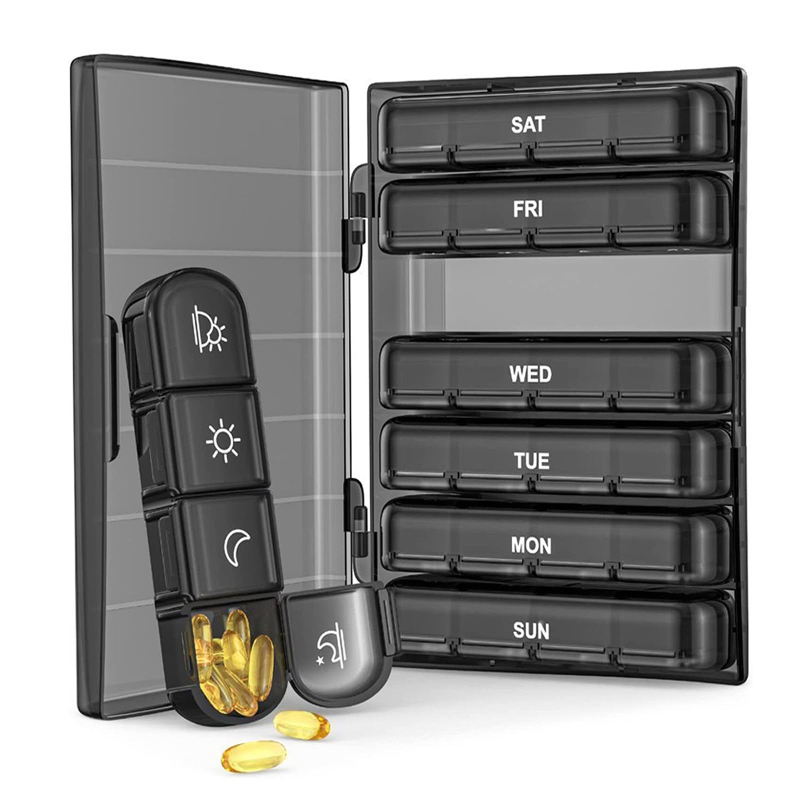 【送料無料】ピルケース 1週間 1日4回 朝昼晩 薬ケース 大容量 携帯用 サプリメントケース 曜日別 飲み忘れ防止 持ち運び （黒い 1日4回） 色：A 薬ケース 1週間 黒、サイズ：1日4回