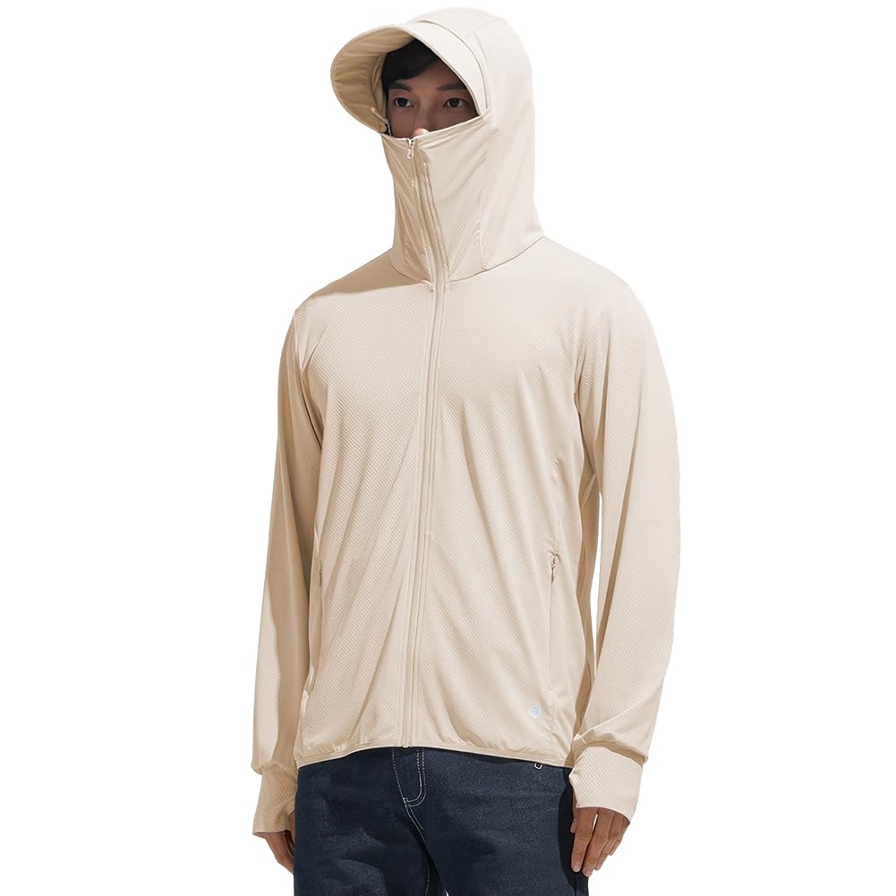 【送料無料】[DMFU] ラッシュガード ラッシュパーカー メンズ 夏服 UV カットパーカー 接触冷感 涼しい 軽量 通気性 無地 体型カバー 長袖 フード付き UPF50+ 夏 アウター 日焼け対策ウェア 薄手 色：2#ベージュ、サイズ：M