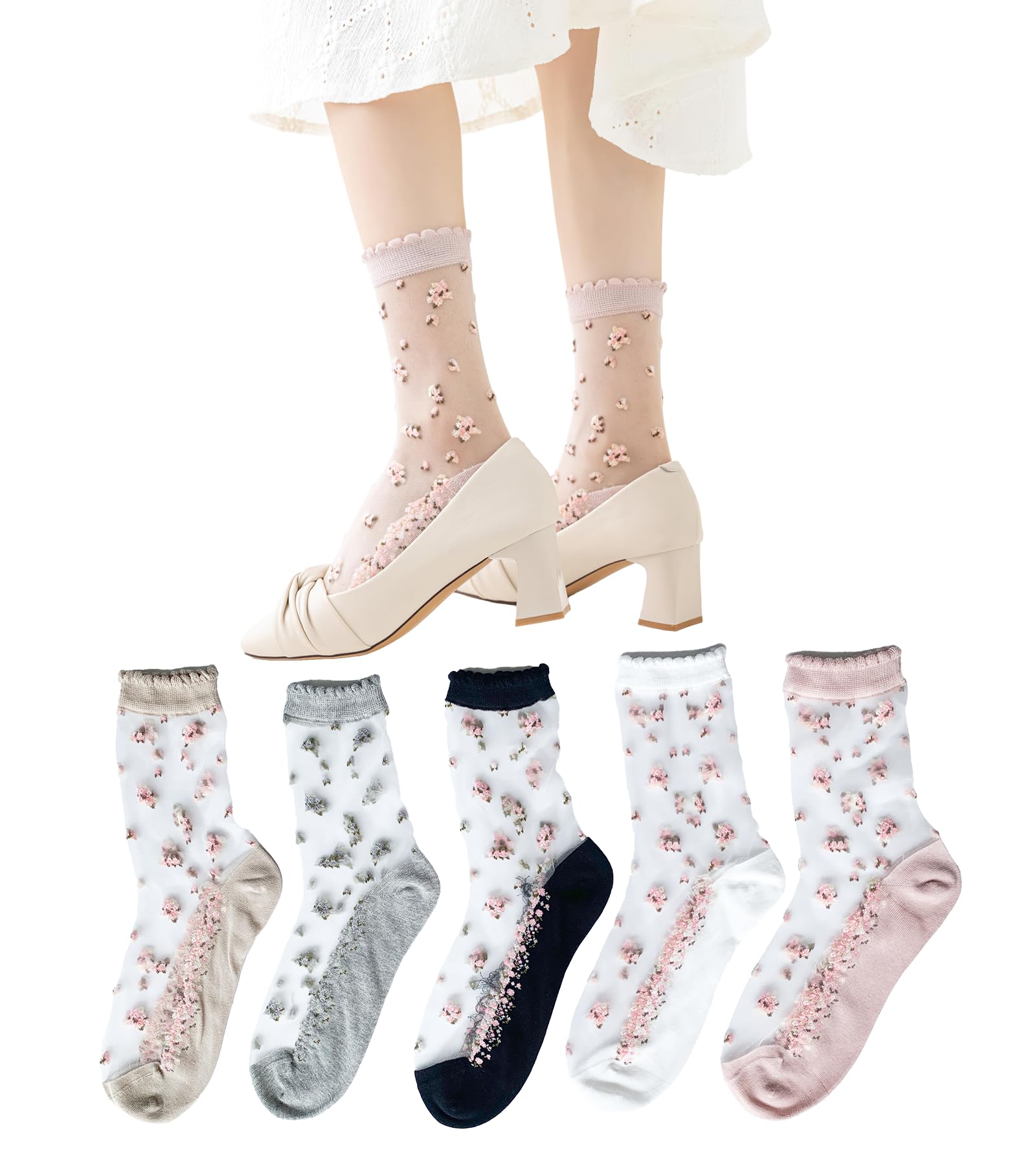【送料無料】[DsHome] 5足セット シースルー 靴下 レディース 花柄 夏 レースソックス かわいい くつした 女性用 通気 極薄 透明 涼しい 22-25cm 色：マルチカラー、サイズ：22.0-25.0 cm