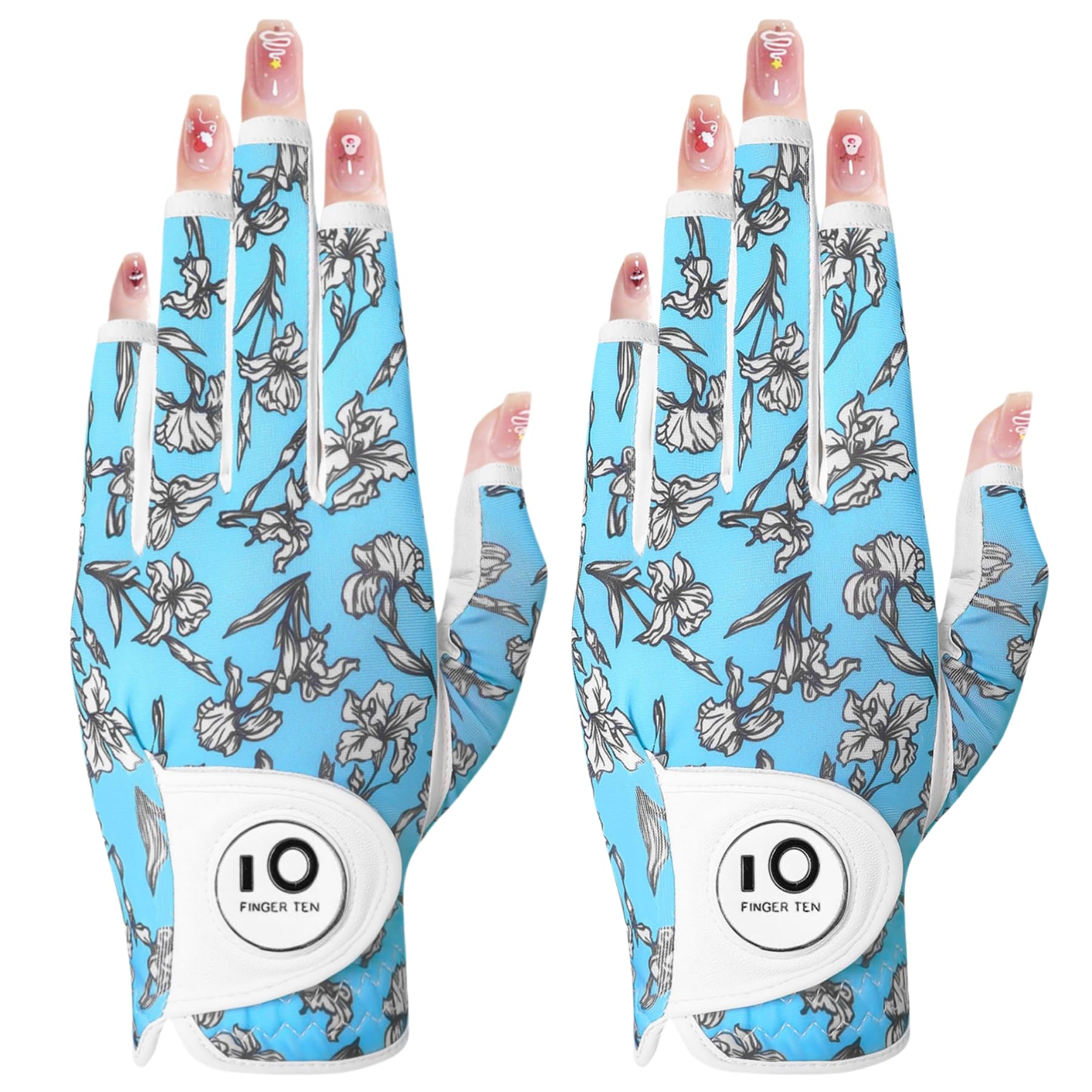 【送料無料】ゴルフグローブ レディース 両手 羊革とマイクロファイバーレザー ストレッチ生地 ソフト 柔らかめ 伸縮 通気 耐摩耗性 滑りにくいグリップ 雨 汗に強い 全天候モデル ゴルフマーカー付き NYS-018 色：ブルー（左手、指先カット）、サイズ：19