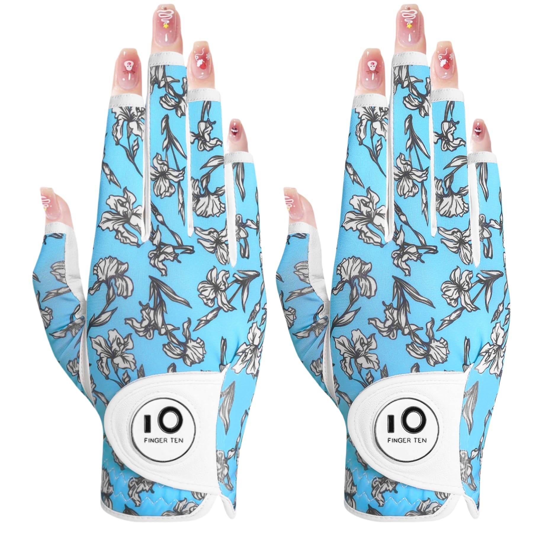 【送料無料】ゴルフグローブ レディース 両手 羊革とマイクロファイバーレザー ストレッチ生地 ソフト 柔らかめ 伸縮 通気 耐摩耗性 滑りにくいグリップ 雨 汗に強い 全天候モデル ゴルフマーカー付き NYS-018 色：ブルー（右手、指先カット）、サイズ：20