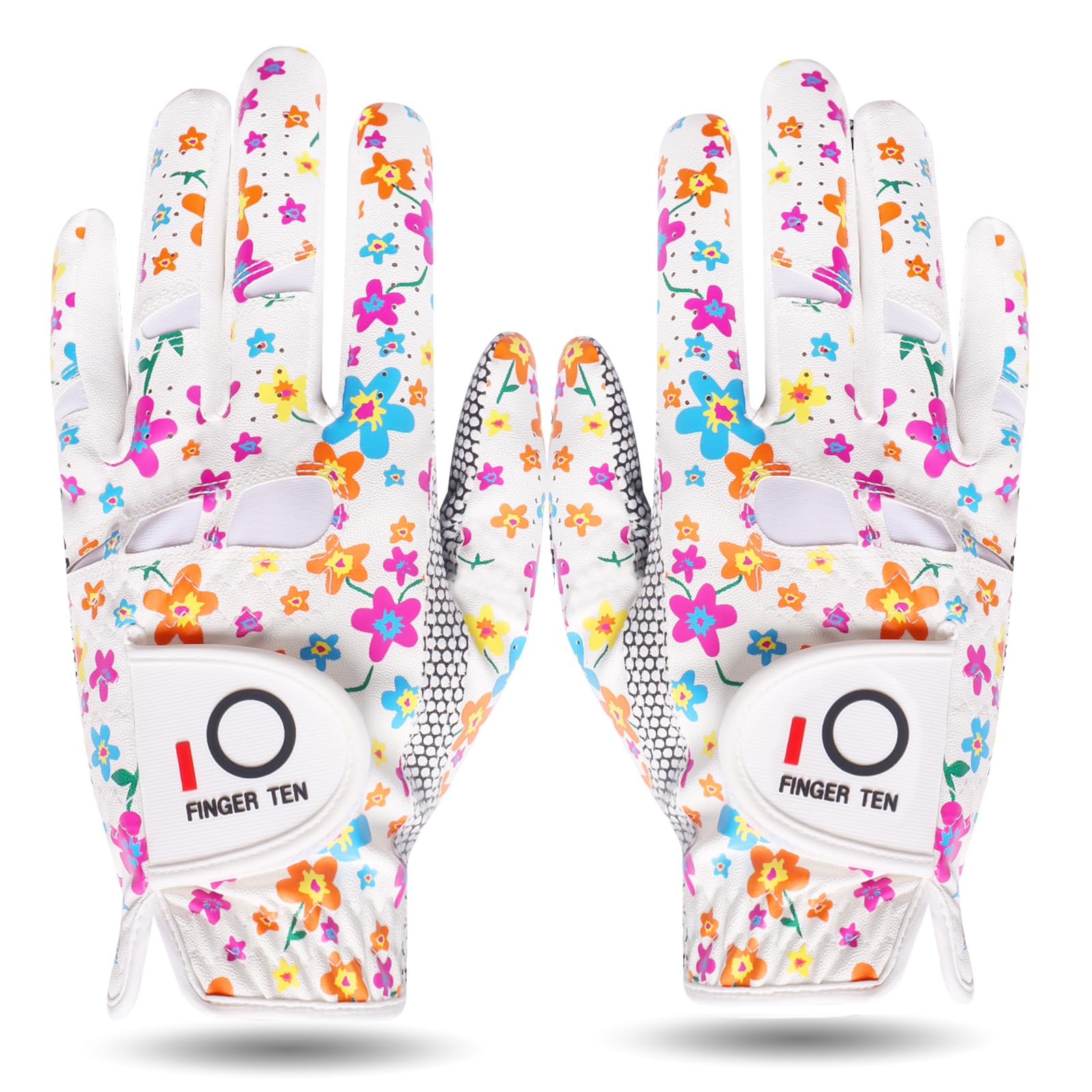 【送料無料】ゴルフグローブ レディース 両手 マイクロファイバーレザー シリコングリップ 驚愕のグリップ力を発揮 ソフト 伸縮 通気 耐摩耗性 滑り止め 雨 汗に強い 全天候モデル MKL16 色：花、サイズ：19（両手用）