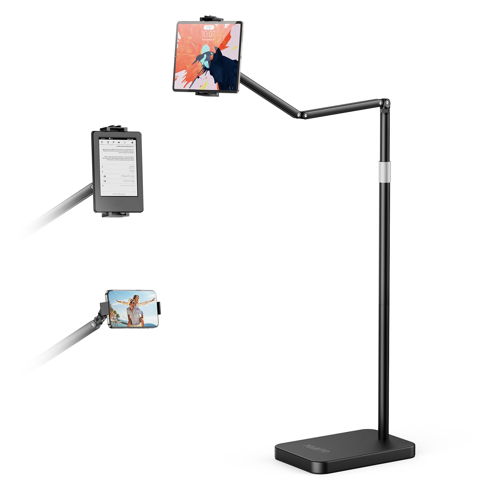 【送料無料】POLESTO タブレットフロアスタンド 4.8KG重量級金属ベース 48~165CM高さ調整 伸縮アーム 寝室・リビングでも使用可能 iPad/スマホ/Switch/モバイルモニター/Kindle対応