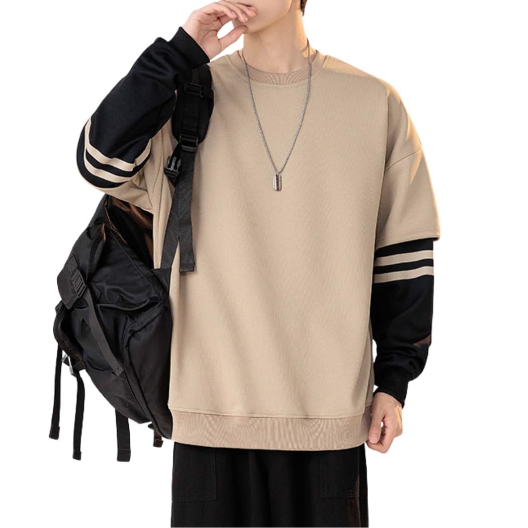 【送料無料】[PenBille] メンズ トレーナー 長袖 パーカー 服 丸首 ストライプ ステッチ 秋服 ハンサム 大きいサイズ ゆったり おしゃれ カジュアル 無地 ビッグシルエット 人気 トップス おしゃれ ハイクオリティー 色：#135-ベージュ、サイズ：M