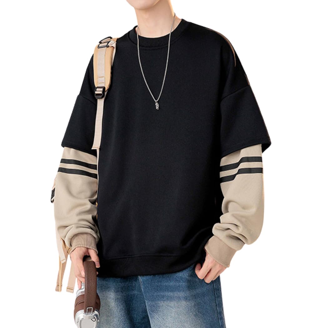 【送料無料】[PenBille] メンズ トレーナー 長袖 パーカー 服 丸首 ストライプ ステッチ 秋服 ハンサム 大きいサイズ ゆったり おしゃれ カジュアル 無地 ビッグシルエット 人気 トップス おしゃれ ハイクオリティー 色：#133-ブラック、サイズ：2XL