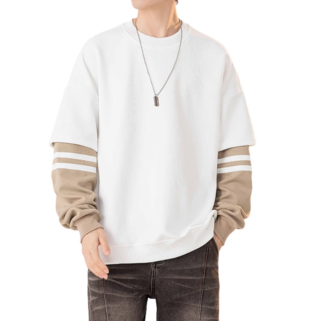 【送料無料】[PenBille] メンズ トレーナー 長袖 パーカー 服 丸首 ストライプ ステッチ 秋服 ハンサム 大きいサイズ ゆったり おしゃれ カジュアル 無地 ビッグシルエット 人気 トップス おしゃれ ハイクオリティー 色：#134-ホワイト、サイズ：XL