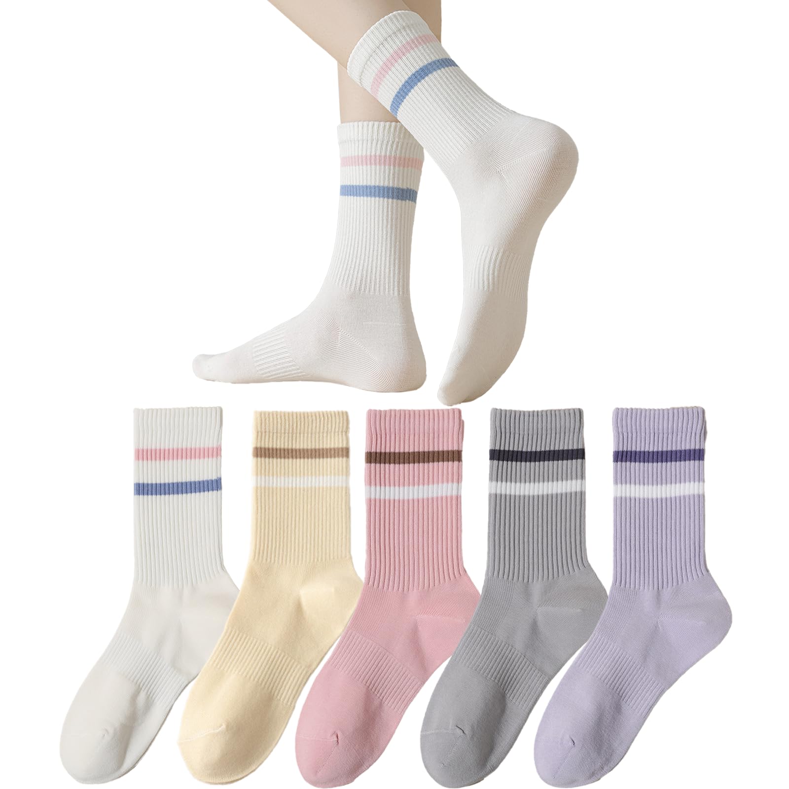 【送料無料】[DsHome] 靴下 レディース 秋用 5足セット ソックス ミドル丈ソックス靴下 綿100% 吸汗 通気性 柔らか 快適 22-25cm 四季適用 ストライプ カジュアルソックス 色：マルチカラー、サイズ：22.0-25.0 cm