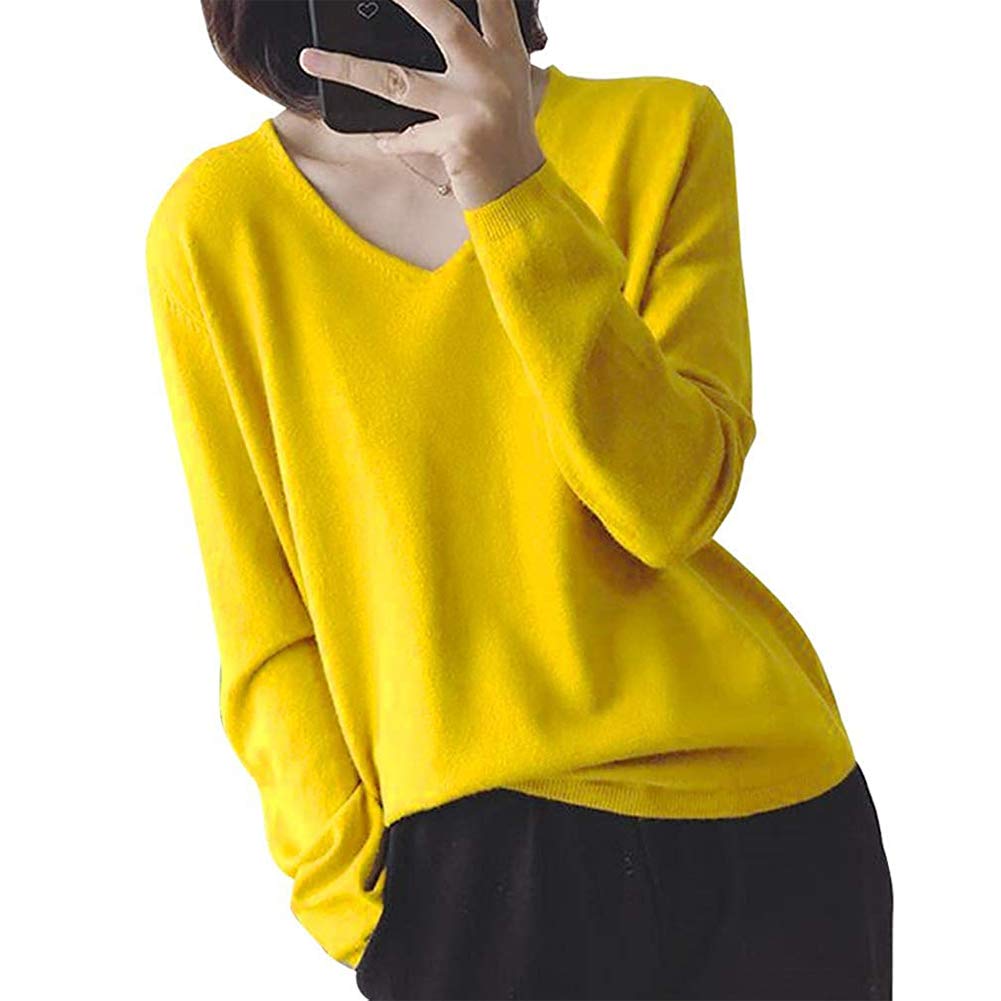【送料無料】[Mitigo] vネック ニット10色展開 長袖 無地 トップス 柔らかい 春と秋冬服 薄手 着痩せ 体型カバー 定番 秋 冬 シンプル オフィスセーター 色：イエロー、サイズ：Free Size