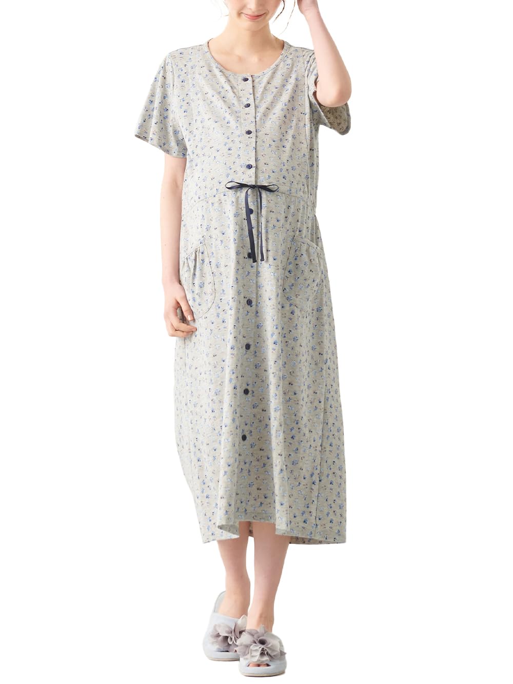 【送料無料】[ANGELIEBE エンジェリーベ] マタニティ パジャマ 授乳服 前開き 天竺 花柄 半袖 ネグリジ..