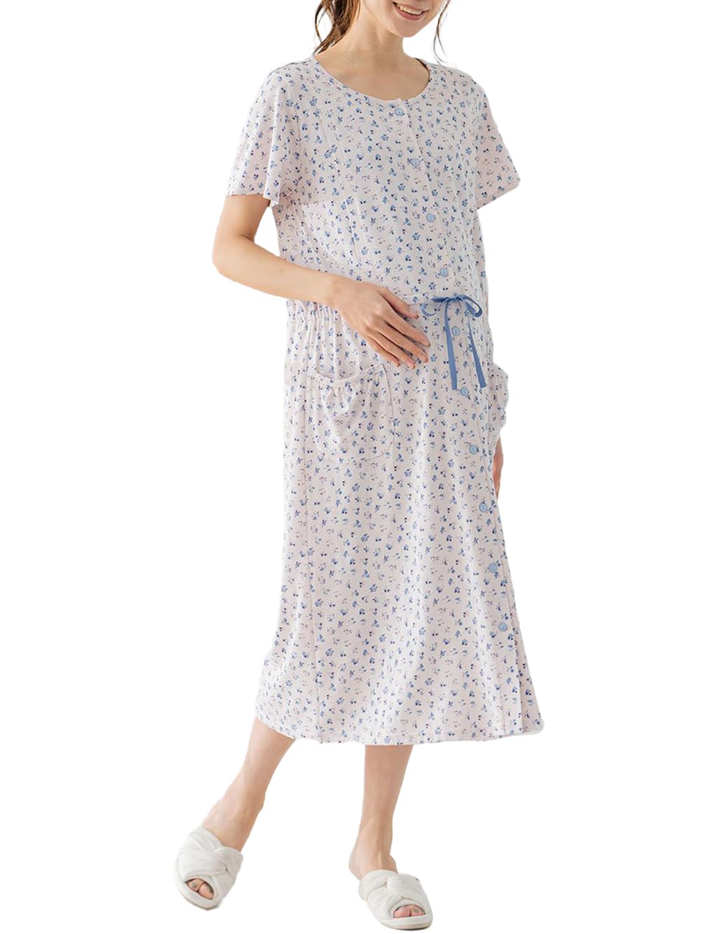 【送料無料】[ANGELIEBE エンジェリーベ] マタニティ パジャマ 授乳服 前開き 天竺 花柄 半袖 ネグリジ..