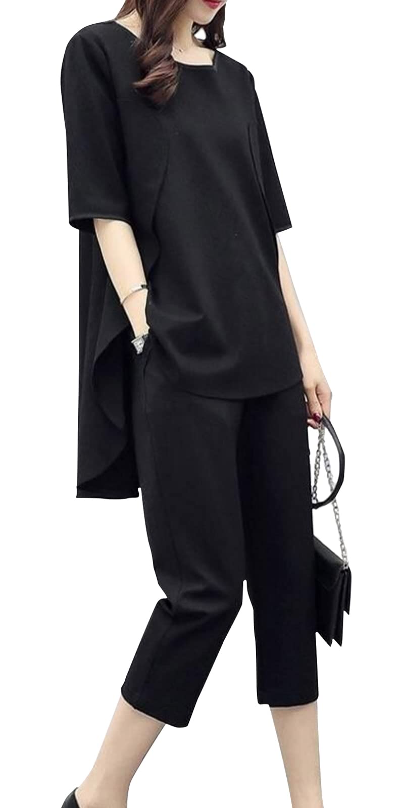 【送料無料】[BLANK BLANC] [ ブランクブラン ] 2点セット セットアップ シフォン トップス パンツ 楽ちん 着痩せ ゆったり レディース S～2XL 色：ブラック、サイズ：S