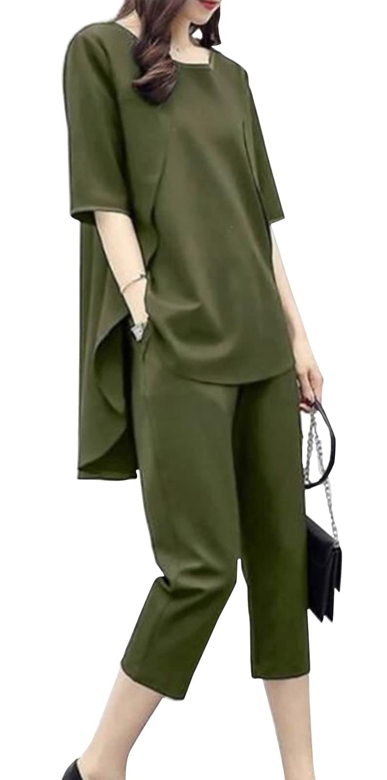【送料無料】[BLANK BLANC] [ ブランクブラン ] 2点セット セットアップ シフォン トップス パンツ 楽ちん 着痩せ ゆったり レディース S～2XL 色：グリーン、サイズ：XL