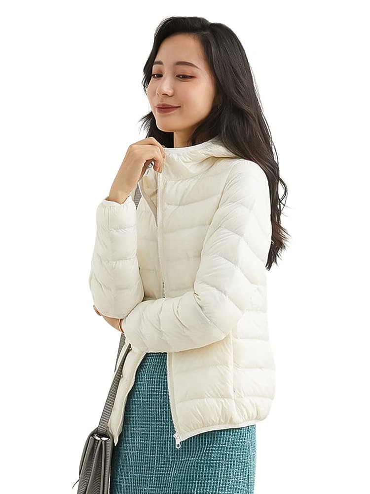 【送料無料】MDMYXJP ウルトラライト ダウンジャケット レディース ライトダウン 暖かい 軽量 防寒 ダウンコート MD104 色：帽ホワイト、サイズ：2XL