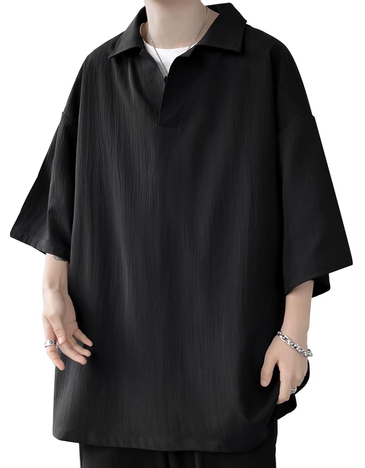 【送料無料】[Bligo] 夏服 メンズ Tシャツ 半袖 大きいサイズ L-5XL 無地 Vネック おしゃれ カジュアル ゆったり ビッグシルエット カットソー 人気 柔らかい シンプル 快適 接触冷感 薄手 春 秋服 色：6601-ブラック、サイズ：2XL