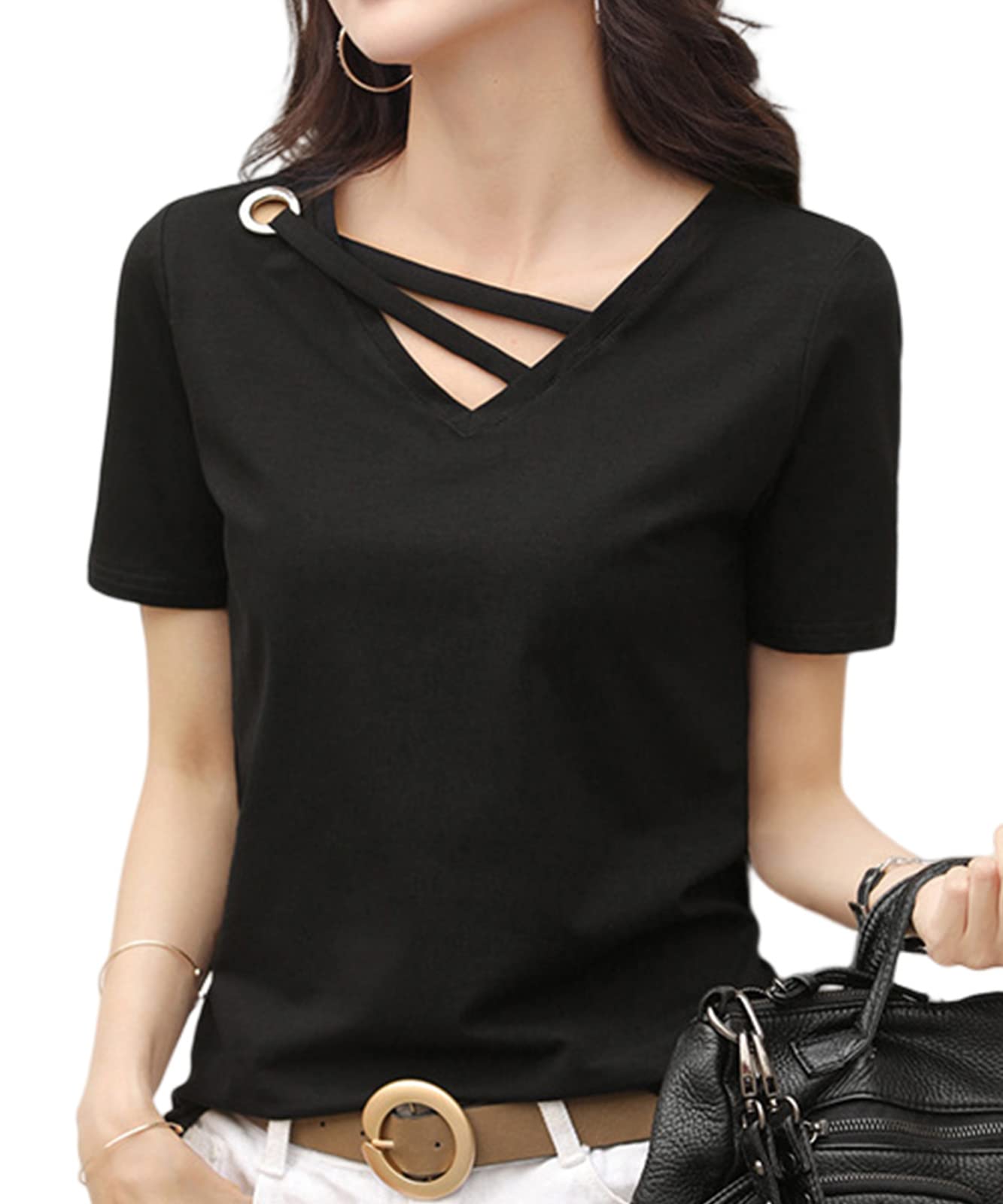 【送料無料】[BLANK BLANC] 半袖 vネック デザイン tシャツ レディース 無地 シンプル カットソー B27 色：ブラック、サイズ：M