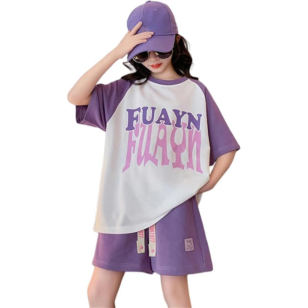【送料無料】[OUBINEWER] 可愛い 女の子 夏服 2点セット 半袖 Tシャツ スポーツ ハーフパンツ 韓国風 ファッション 120cm-170cm 子供服 通学 普段着 色：パープル、サイズ：150