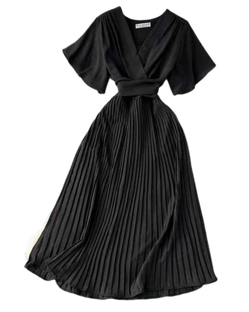 【送料無料】[Collecala] 夏ワンピース レディース大人ロングシャツワンピース プリーツスカート ミモレロングonepiece フレア半袖ドレス 韓国風ウエストリボンつきdress 9色展開 色：ブラック、サイズ：XL