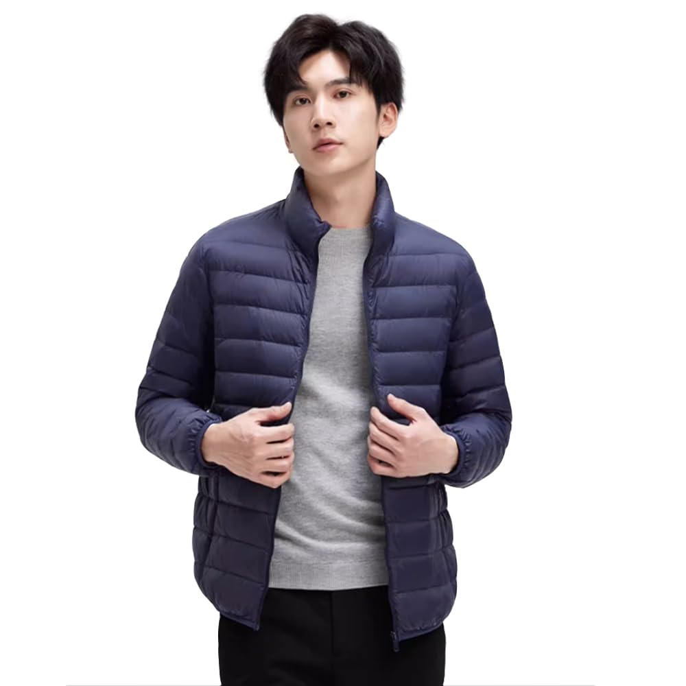 【送料無料】MDMYXJP メンズ ウルトラライト ダウン ジャケット 無地 軽量 暖かい 防寒 ダウンジャケット 秋冬 収納袋付き MD314 色：襟ネイビー、サイズ：XL