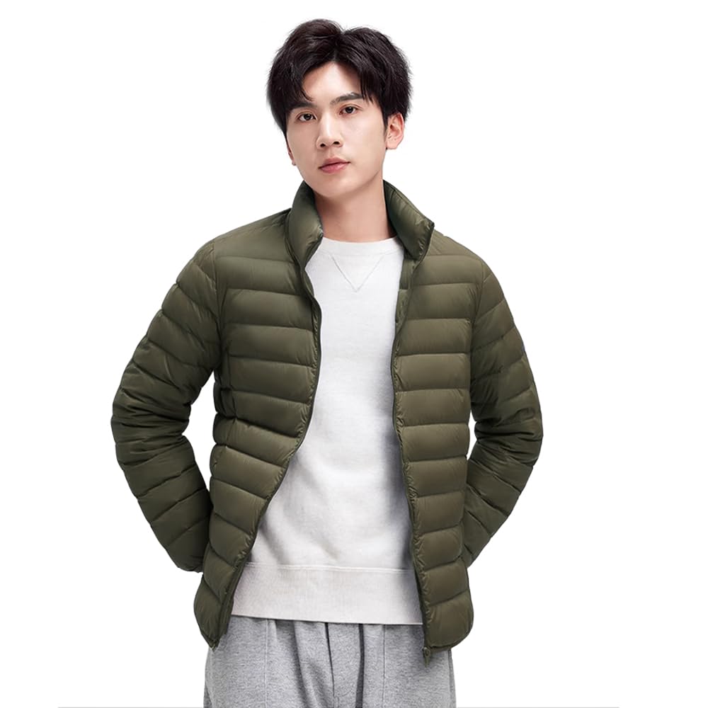 【送料無料】MDMYXJP メンズ ウルトラライト ダウン ジャケット 無地 軽量 暖かい 防寒 ダウンジャケット 秋冬 収納袋付き MD314 色：襟グリーン、サイズ：M