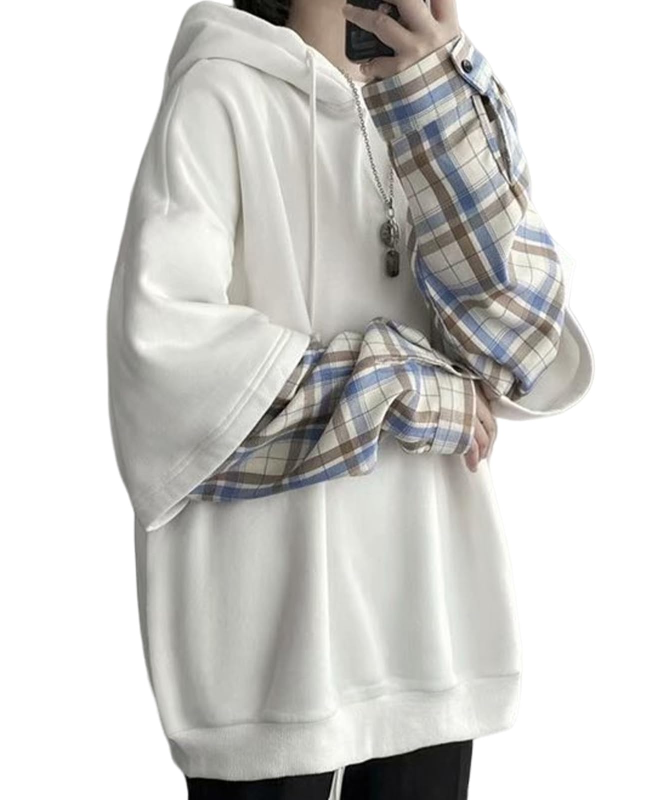 【送料無料】[BLANK BLANC] カットソー 重ね着 シャツ レイヤード 風 メンズ チェック 柄 袖 大きめ B03 色：ホワイト、サイズ：XL