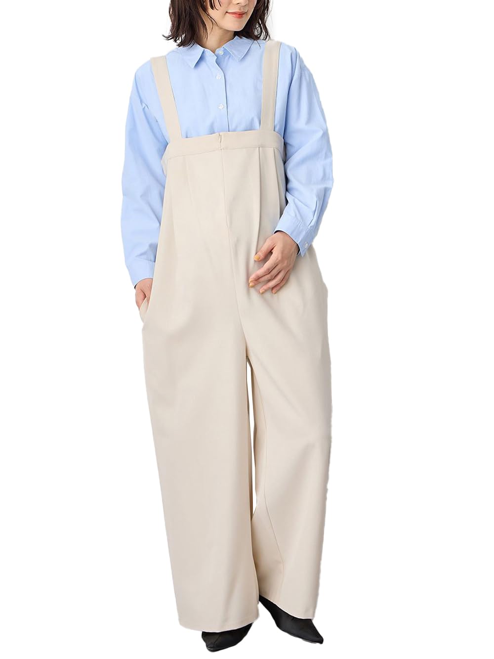 【送料無料】[ANGELIEBE エンジェリーベ] レディース マタニティ パンツ Wアジャスター付き オールインワン 産前 産後 ゆったり 体型カバー ワイドパンツ 妊婦 10467 色：アイボリー、サイズ：L