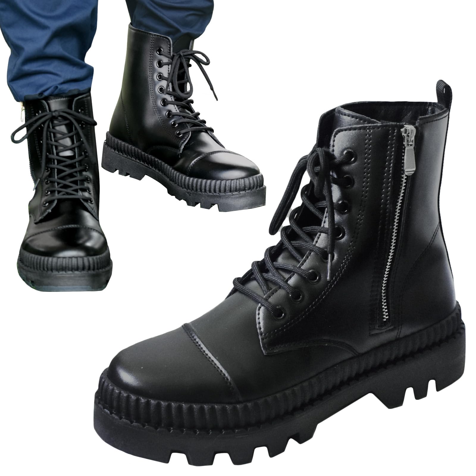 【送料無料】[ALVEIN] シークレットシューズ シークレットブーツ ワークブーツ ショートブーツ メンズ 6cm ハイカット 厚底 サイドジッパー 脚長効果 身長UP 身長アップ 色：ブラック、サイズ：25.0 cm