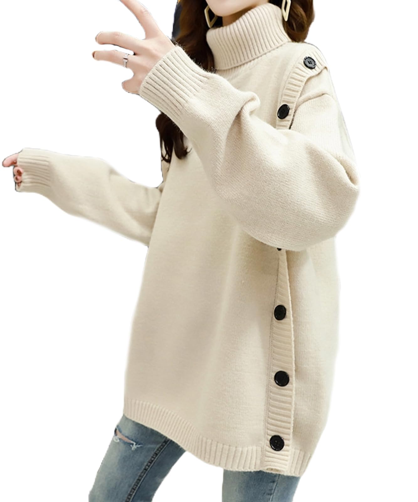 【送料無料】[BLANK BLANC] ニット ハイネック サイドボタン レディース ゆったり 体型カバー きれいめ..