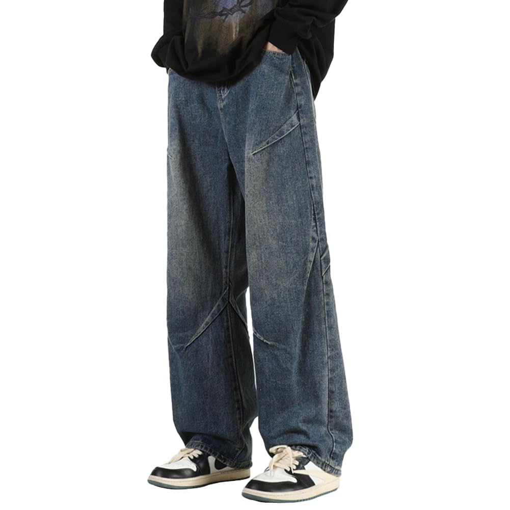 【送料無料】[maytopia] ジーンズ デニムパンツ ジーパン ズボン ワイドパンツ パンツ バギーパンツ デニム 大きいサイズ ゆったり ワイド ストレート カジュアル バギー ヒップホップ メンズ レディース 秋 春 オールシーズン XK8067 色：ブルー、サイズ：XL