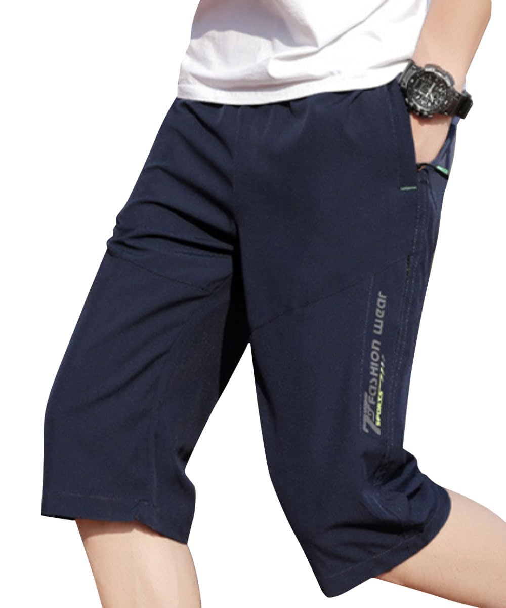 【送料無料】[amatsu] 【接触冷感！ひざ丈ハーフパンツ】 ハーフパンツ メンズ スポーツ トレーニング 通気性 速乾性 ワンポイント 色：ネイビー/Bタイプ、サイズ：XL