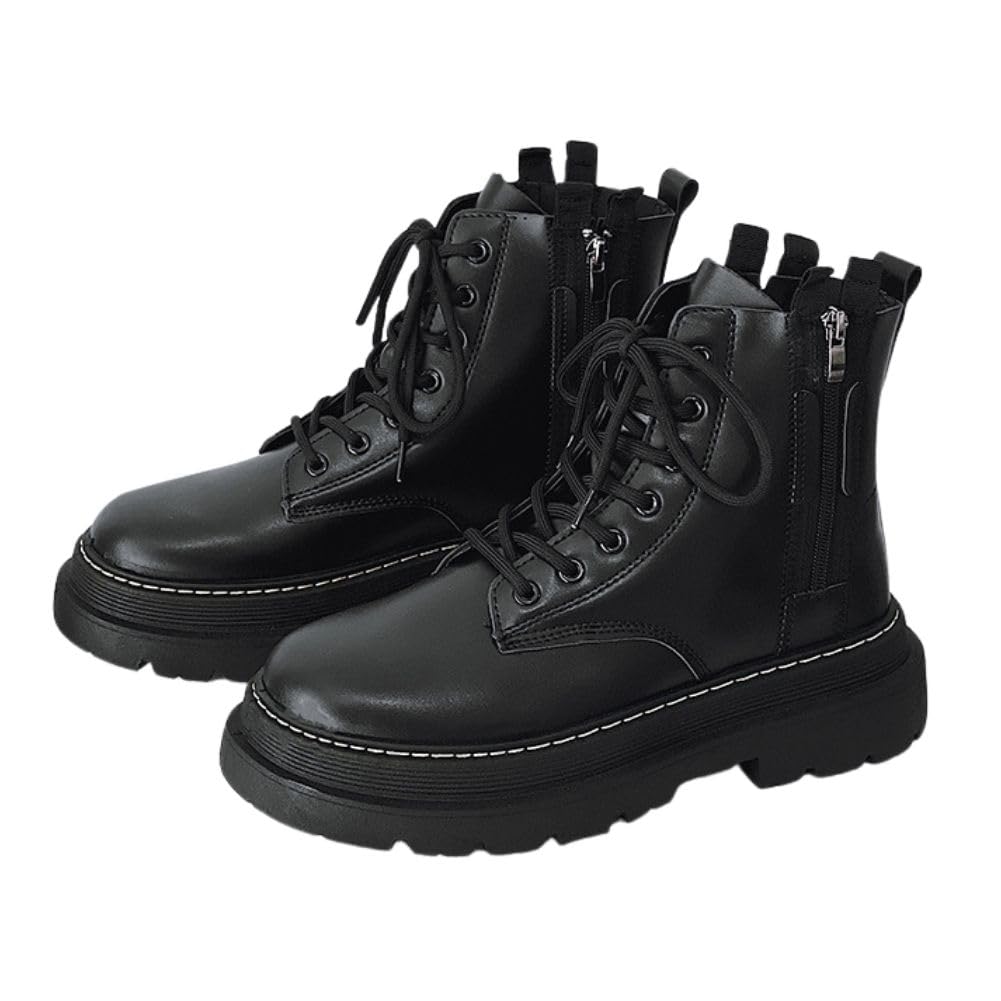 【送料無料】[ALVEIN] ブーツ バイクブーツ シークレットブーツ レザーブーツ サイドジップ メンズ 英国風 ハイカット ホワイトステッチ 色：ブラック、サイズ：25.0 cm