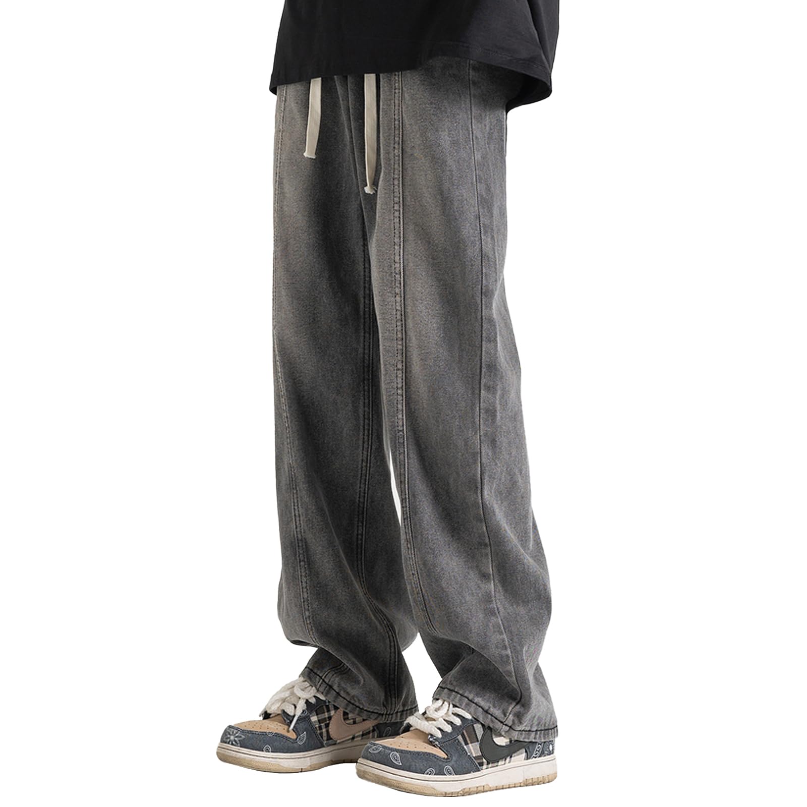 【送料無料】[maytopia] ジーンズ デニムパンツ ジーパン ワイドパンツ パンツ デニム ゆったり ワイド ストレート カジュアル おしゃれ メンズ レディース 春 秋 オールシーズン 男女兼用 CK1066 色：ブラック、サイズ：2XL