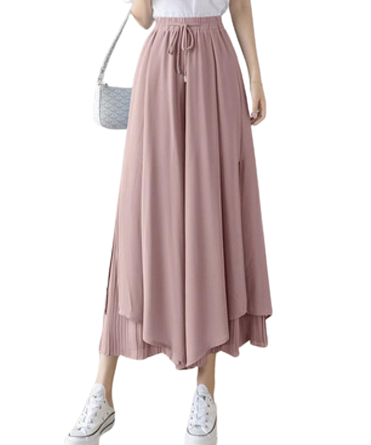 【送料無料】[Dep Club] レイヤードで魅せる スカーチョ レディース 夏 ガウチョパンツ 涼しい プリーツ ボトムス ロングスカート ゆったり 大きいサイズ 8分丈 2xl ウェストゴム 旅行 春 秋 色：ピンク、サイズ：M(4)