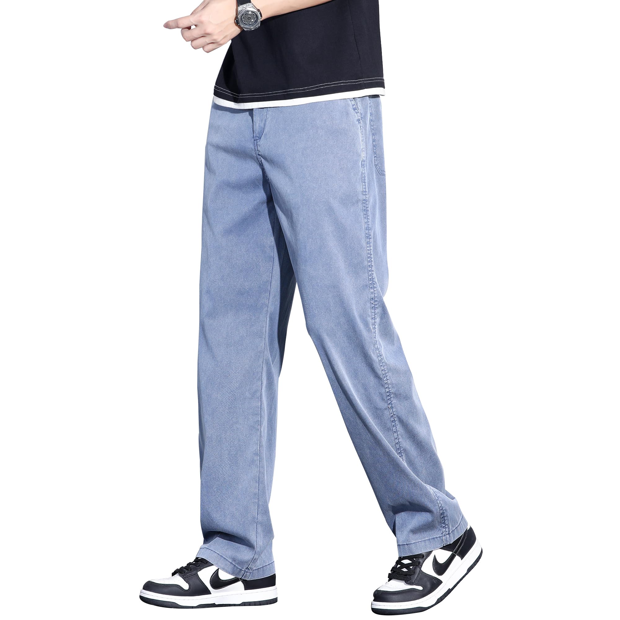 【送料無料】[FUZHIHUA] ズボン メンズ スラックス 涼しい 夏服 ワイドテーパードパンツ ゆったり イージーパンツ 軽快 ボトムス 無地 速乾 ロング丈 ラウンジパンツ 大きいサイズ トラウザーズ men pants 春 夏 色：#04:ブルー（前開きファスナー薄手）、サイズ：XL