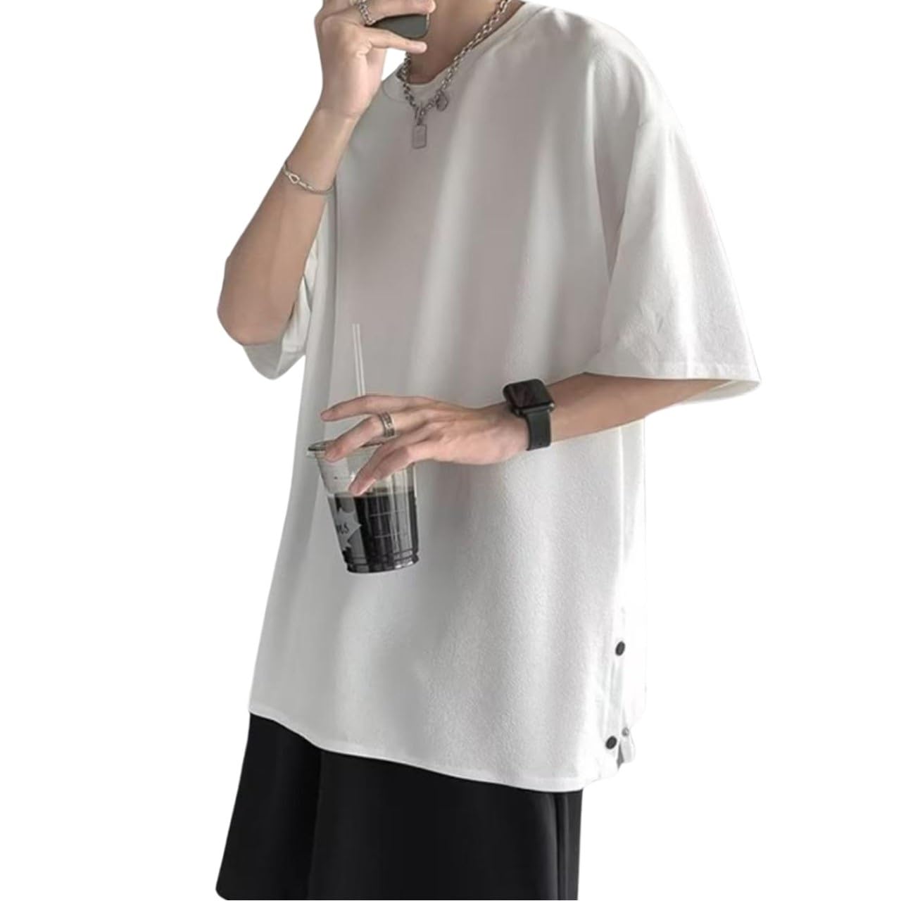 【送料無料】[APAGAI] 七分袖 オーバーサイズ Tシャツ メンズ ビッグシルエット サイドボタン ドロップ..