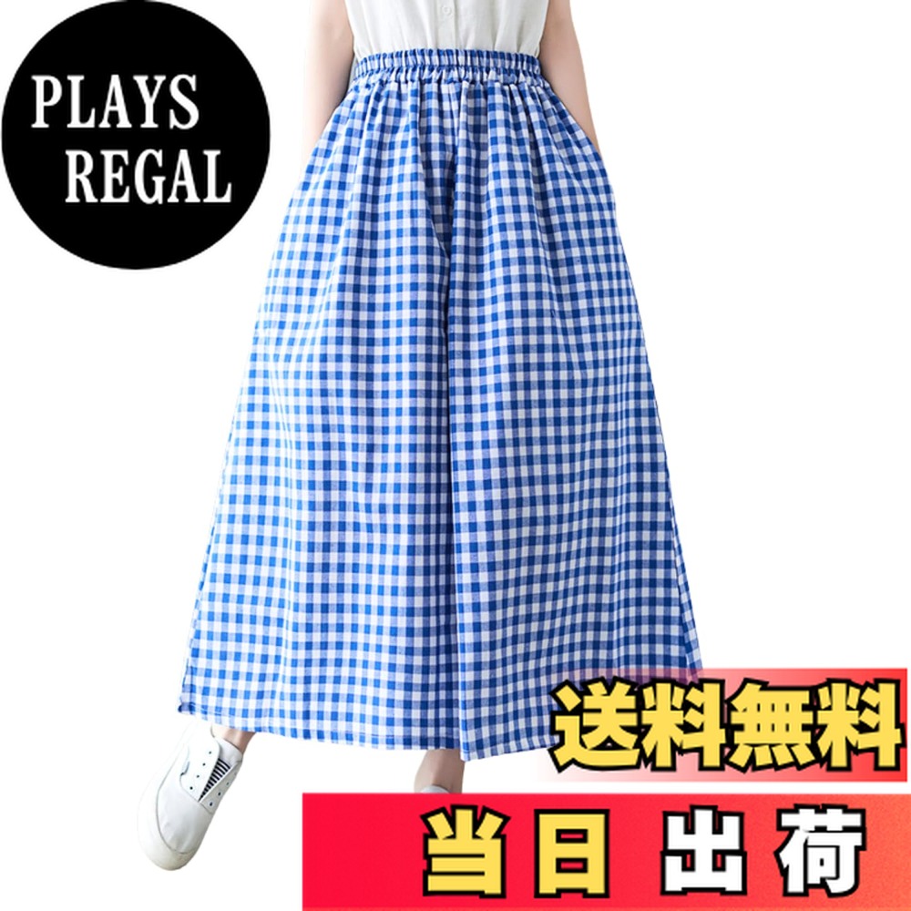 【送料無料】[Deb Club] ガウチョパンツ レディース 夏 大きいサイズ ガウチョ スカーチョ スカンツ 低身長 柄 涼しい ゆったり ウェストゴム 春 夏服 色：ブルー中格子、サイズ：M