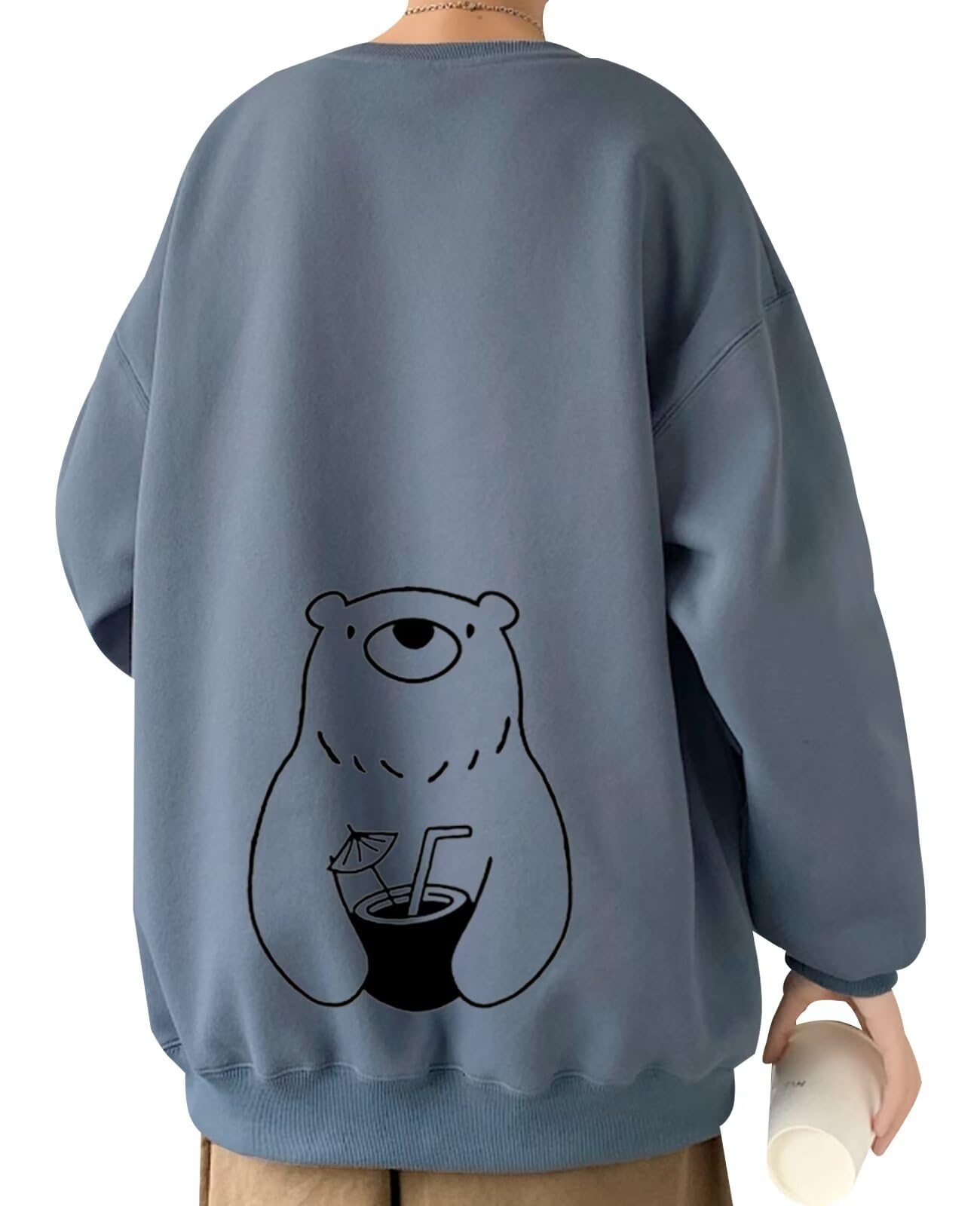 【送料無料】[Bligo] トレーナー メンズ 大きいサイズ パーカー クマ バック プリント Tシャツ 長袖 丸首 綿 秋服 カットソー ドロップショルダー オーバーサイズ ゆったり 可愛い カジュアル おしゃれ 無地 冬春服 色：706-ブルー、サイズ：L