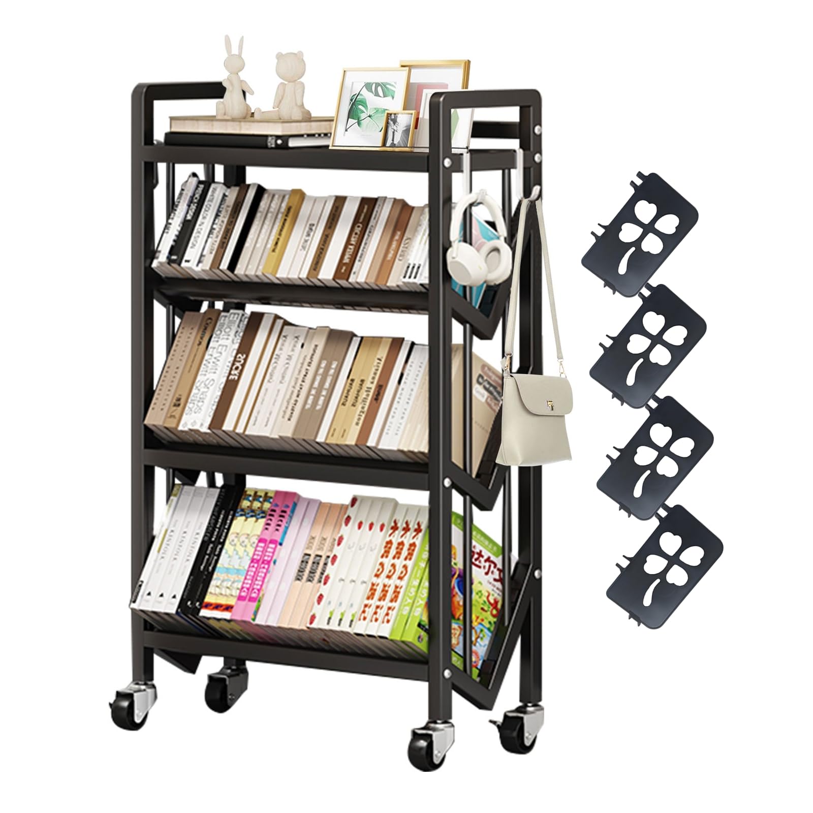 【送料無料】Fainyearn ファイルワゴン 4段 ファイルラック キャスター付き 本棚 デスクワゴン 書類棚 A4サイズ 仕切り付き 大容量 色：ブラック、サイズ：幅50cm4段