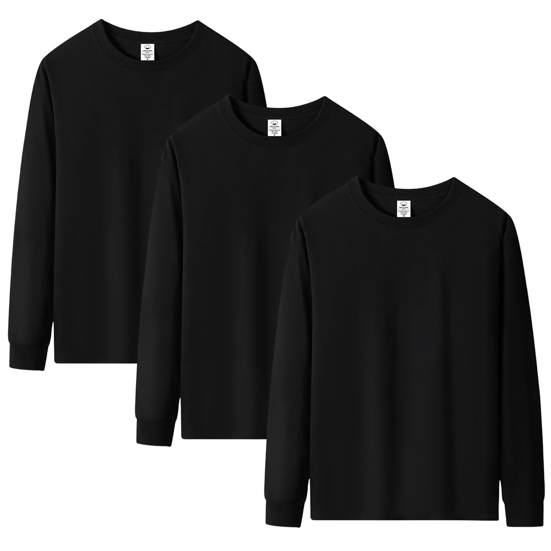 【送料無料】[AYISTELU] ロンT 3枚組 長袖 Tシャツ ロングスリーブ 綿100 肉厚生地 吸汗速乾 インナー リブ袖口 カジュアル 服 秋 冬 春 色：ブラック、サイズ：L
