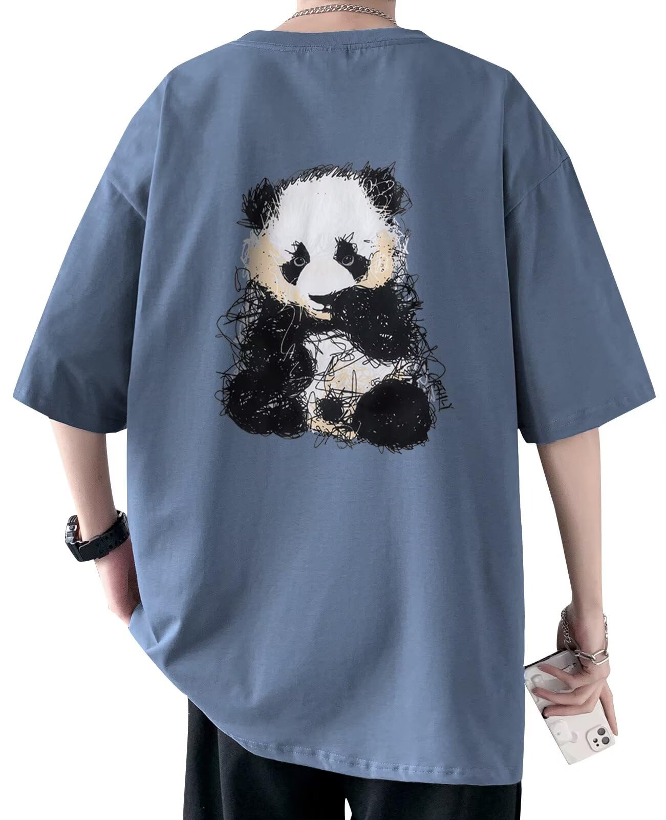 【送料無料】[Bligo] tシャツ メンズ 半袖 夏服 綿100 M-5XL パンダ柄 丸首 ドロップショルダー 快適 大きいサイズ バック プリント カジュアル おしゃれ ゆったり 吸汗速乾 接触冷感 通気性 シンプル 人気 春 夏 秋 色：963-ブルー、サイズ：3XL