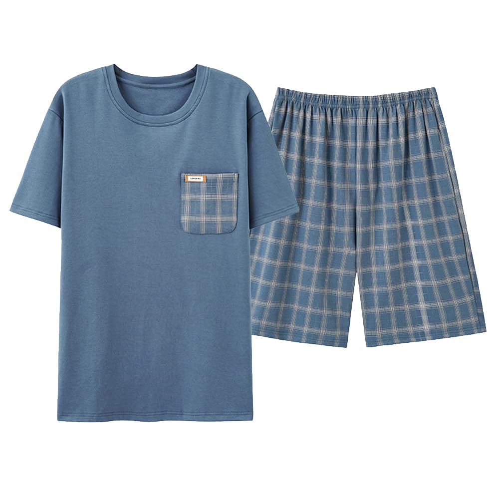 【送料無料】[Hyjkl] パジャマ メンズ 半袖 夏 綿 2点セット 大きいサイズ 涼しい ルームウェア ショートパンツ ゆったり 吸汗速乾 通気 肌に優しい チェック柄 薄手 快適 部屋着 色：ブルー、サイズ：3XL