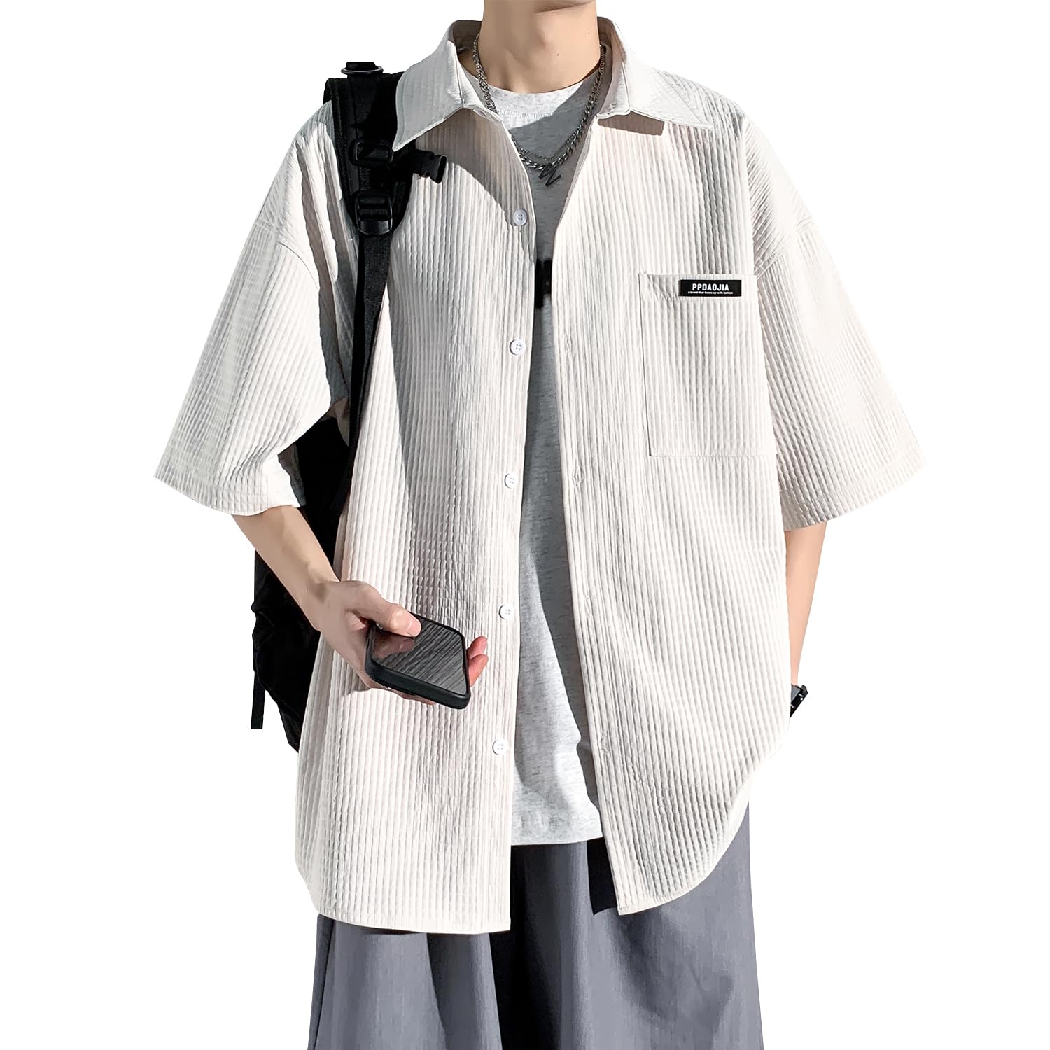 【送料無料】[FUZHIHUA] メンズ シャツ半袖 冷感 夏服 五分袖 ゆったり 大きいサイズ 快適通 気性 柔らかい ビジネス カジュアル ビッグ シルエット おしゃれ 無地 シンプル オシャレ 色：06#:ホワイト、サイズ：M