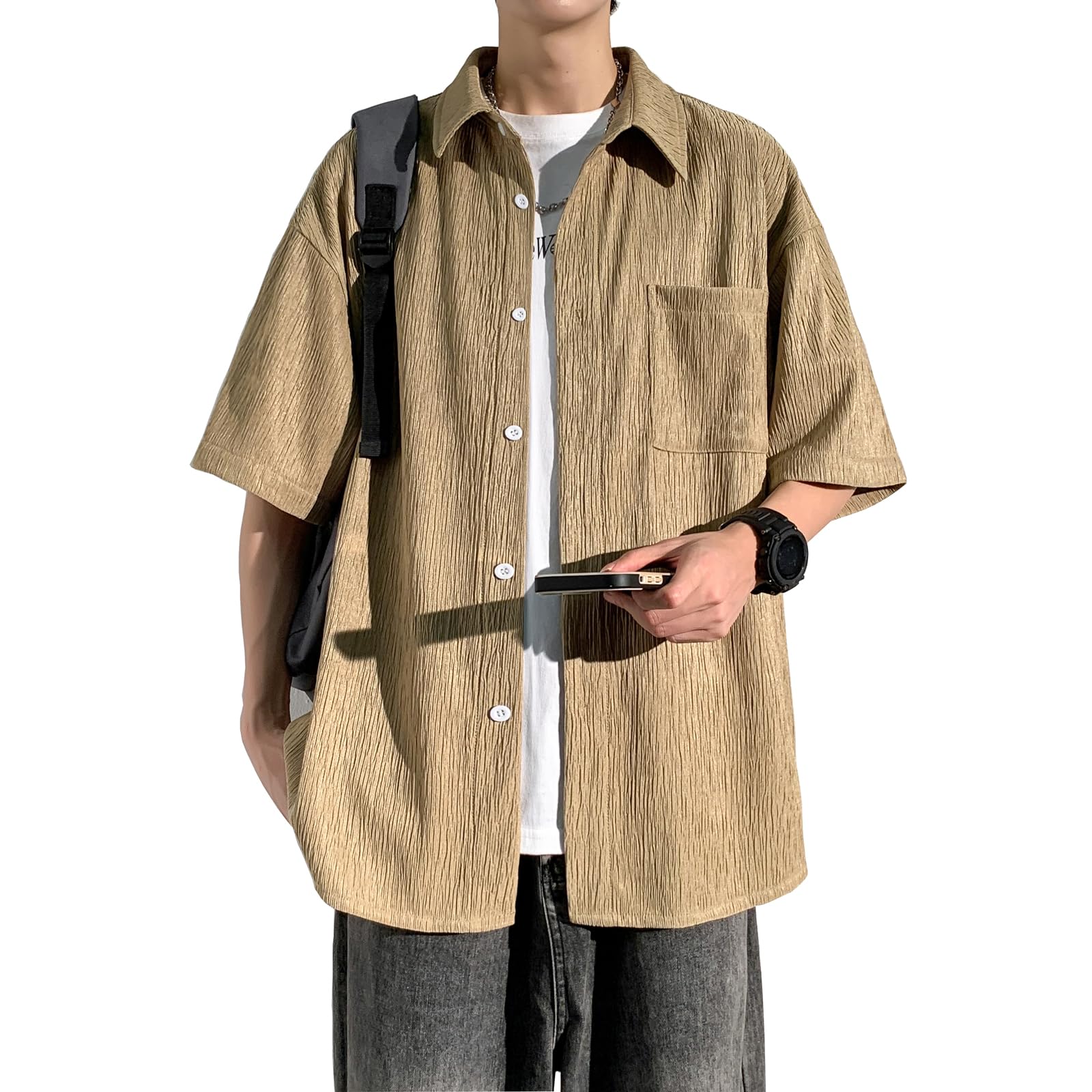 【送料無料】[FUZHIHUA] シャツ メンズ 半袖 ゆったり 吸汗速乾 通気性 夏服 無地 柔らかい 涼しい 涼感 快適な軽い シンプル カジュアル かっこいい ワイシャツ 大きいサイズ 春 夏 秋 色：5#カーキ、サイズ：XL