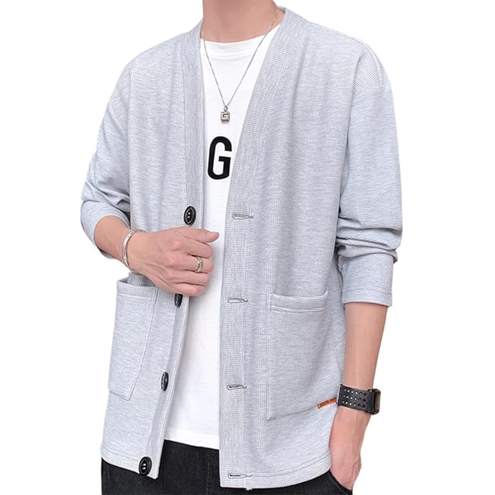 【送料無料】[fyetemon] メンズ カーディガン Vネック 長袖 ニットジャケット ワッフル編み 無地 ゆっ..