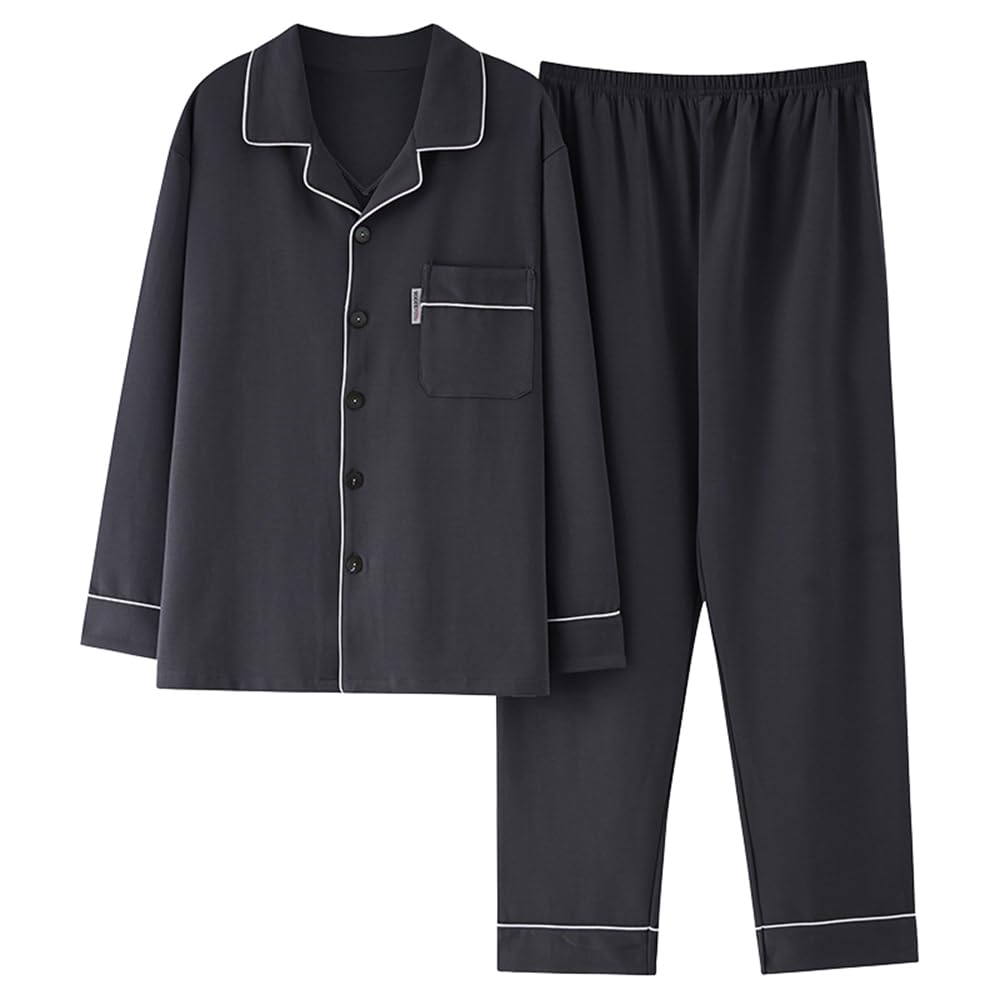 【送料無料】[Hyjkl] パジャマ メンズ 綿100 大きいサイズ ルームウェア 上下セット 部屋着 無地 肌に優しい 柔らか ゆったり 寝間着 通気 吸汗 男女兼用 春秋用 色：グレー、サイズ：2XL