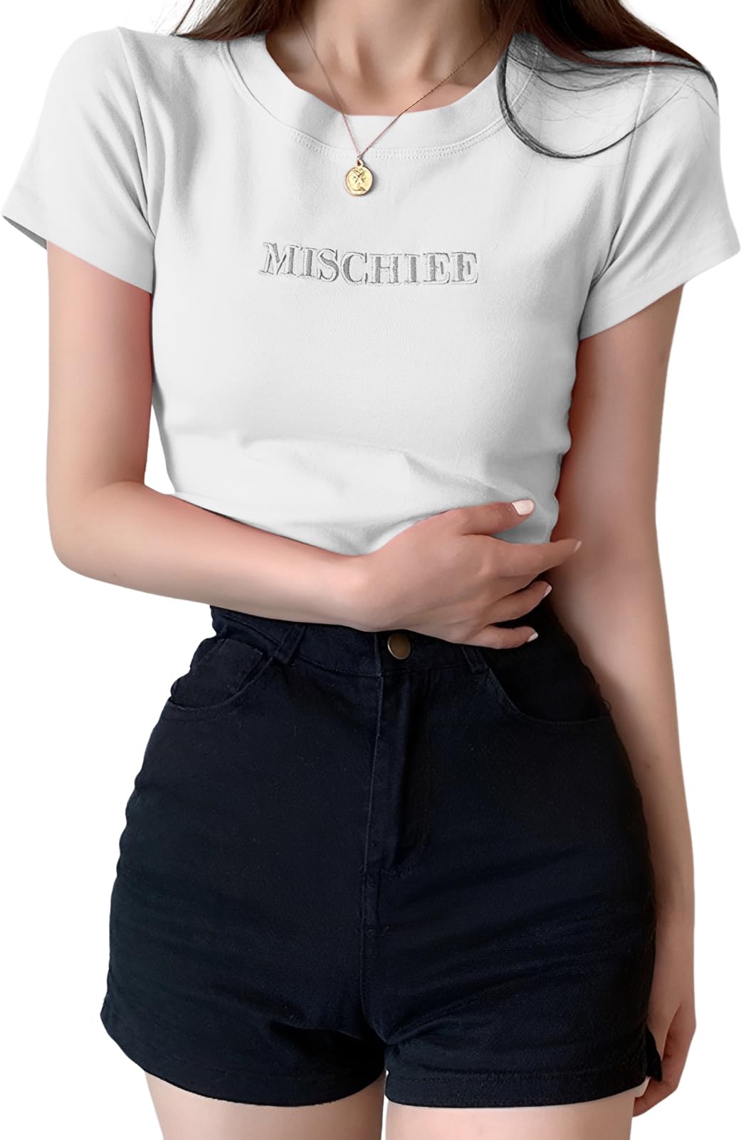 【送料無料】[BLANK BLANC] レディース Tシャツ 刺繍 ロゴ シンプル 丸首 ストレッチ ティーシャツ ミドル丈 カットソー 柔らかい 春 夏 色：ホワイト、サイズ：S